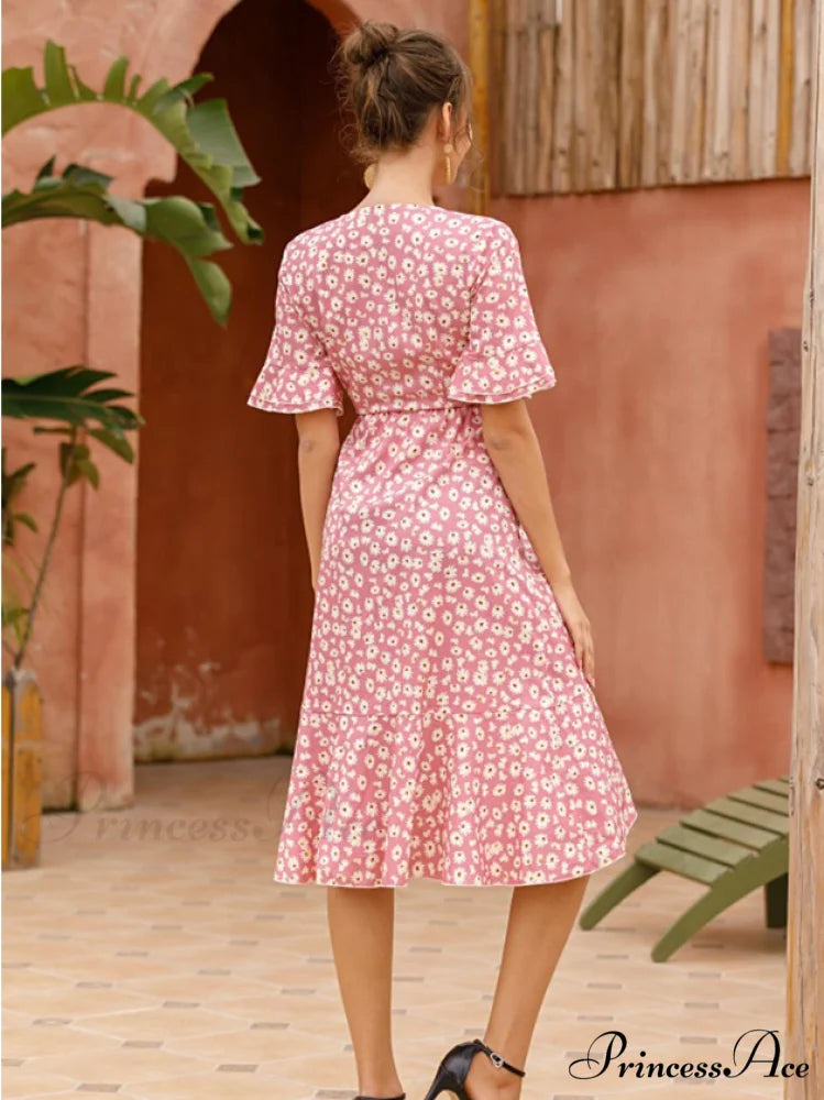 Boho Floral Print Vintage Midi Dress with Ruffle Sleeves for Women M / PINK