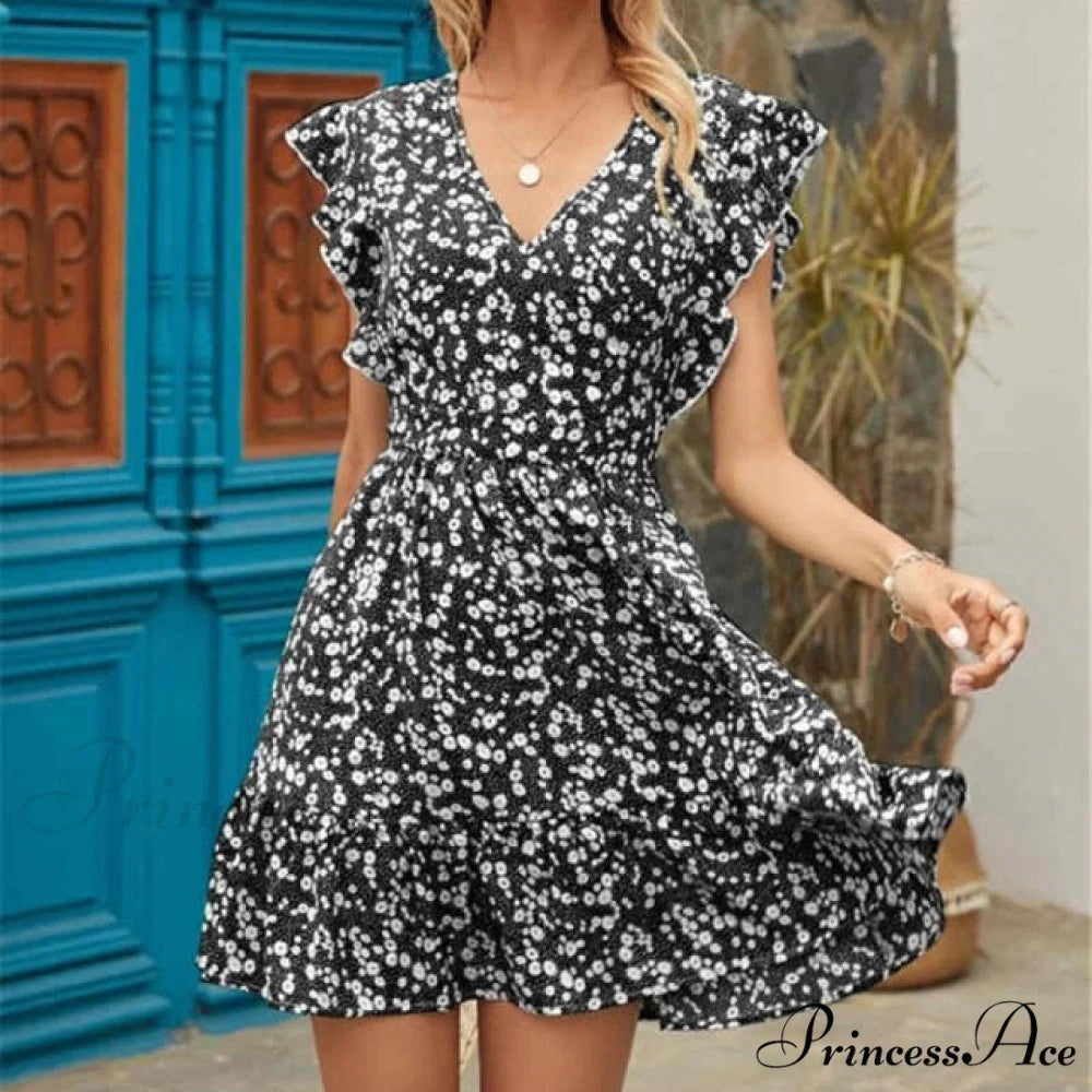 Boho Floral Ruffle Short Mini Dress black 2 / S