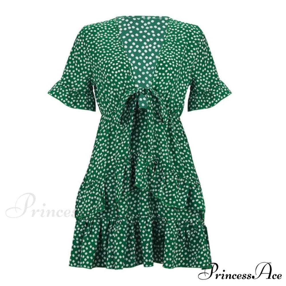 Boho Floral Ruffle Short Mini Dress green 1 / S