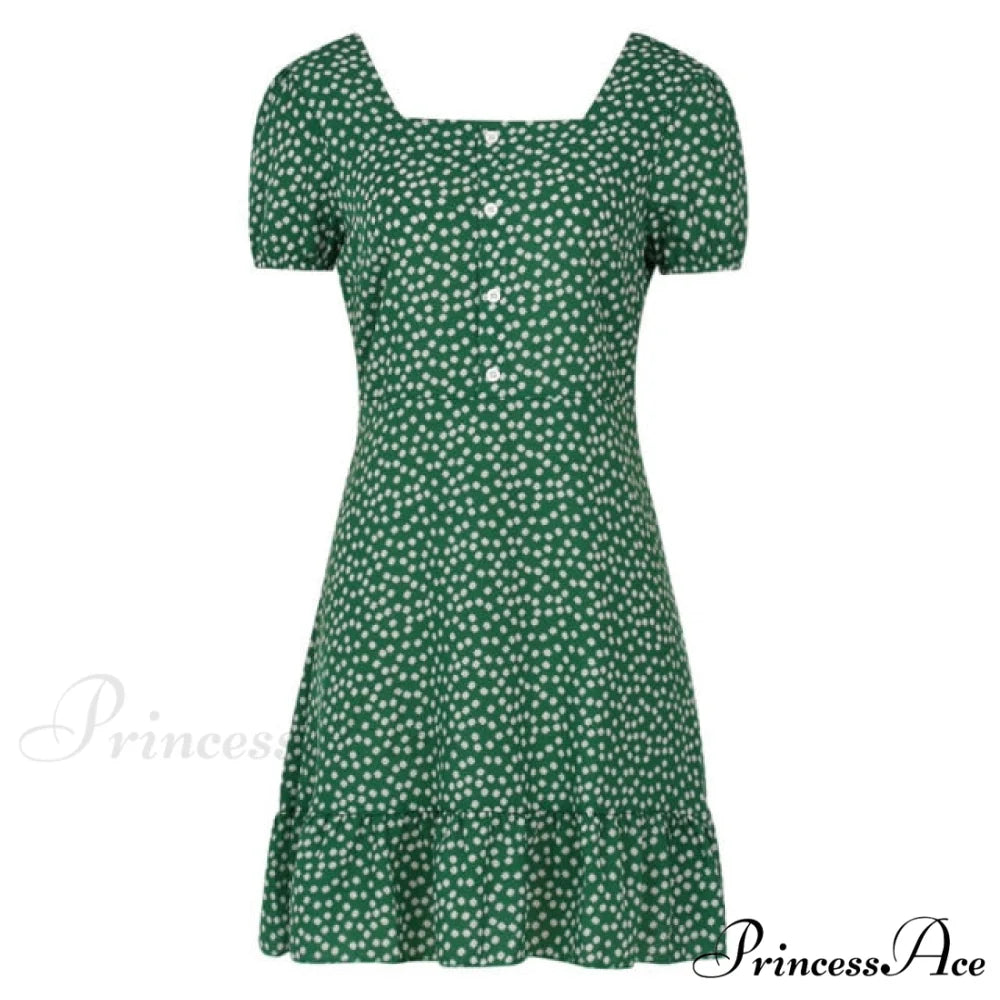 Boho Floral Ruffle Short Mini Dress green 2 / S