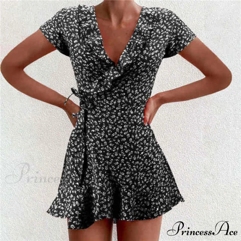 Boho Floral Ruffle Short Mini Dress grey / S