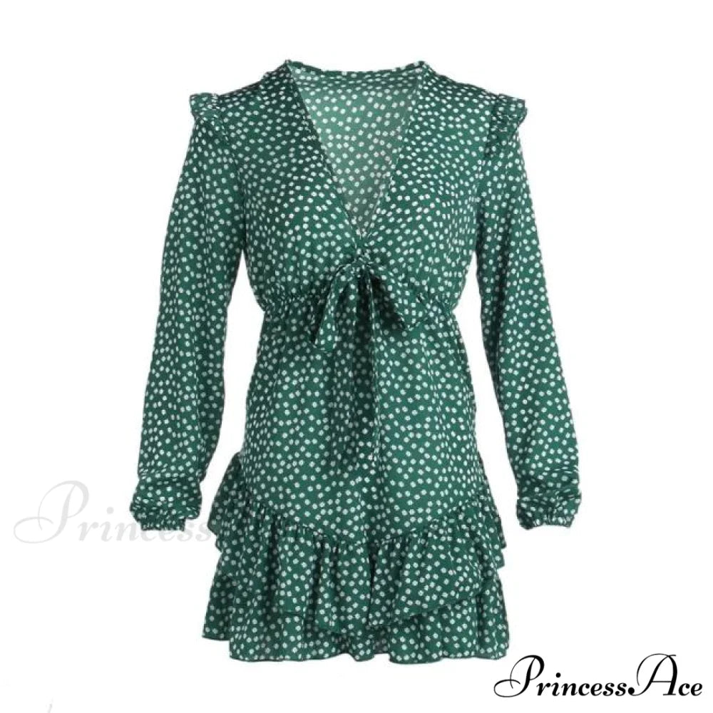 Boho Floral Ruffle Short Mini Dress light green / S