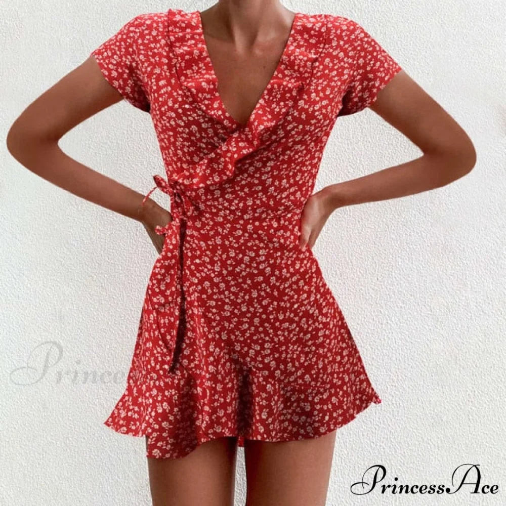 Boho Floral Ruffle Short Mini Dress pink 1 / S