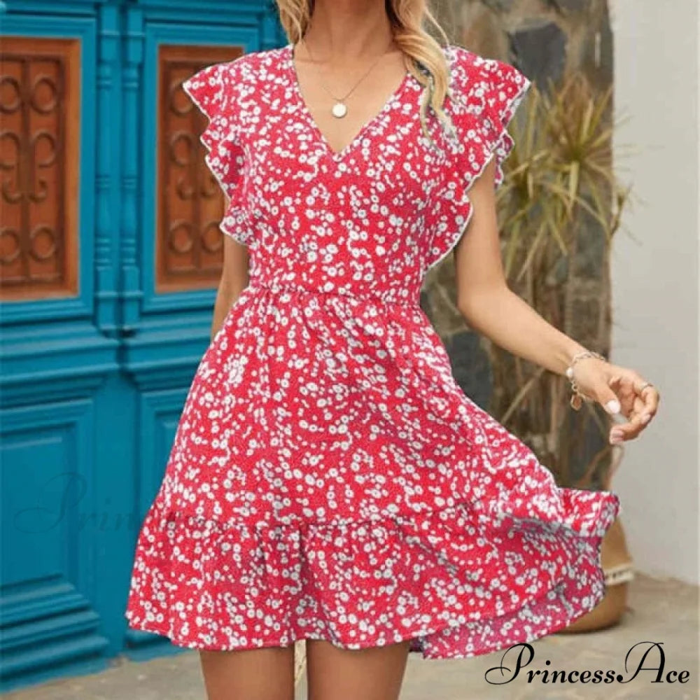 Boho Floral Ruffle Short Mini Dress pink 2 / S