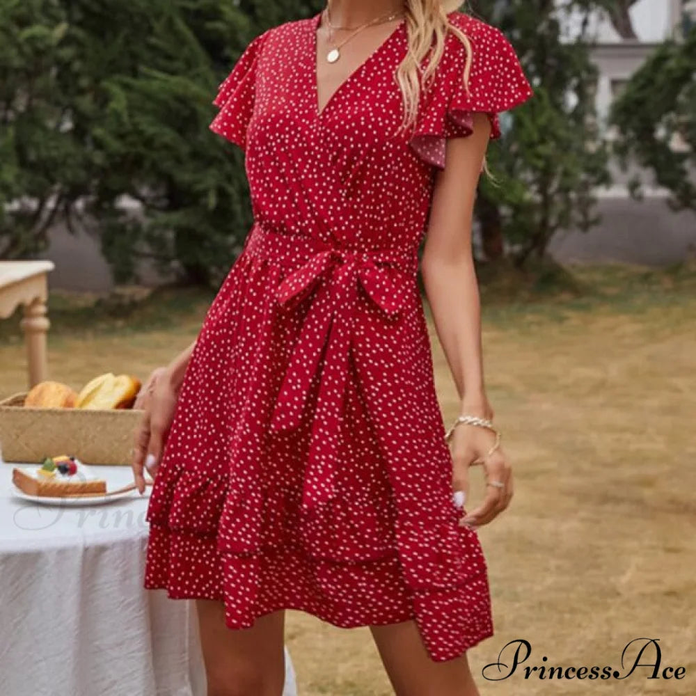 Boho Floral Ruffle Short Mini Dress red 1 / S