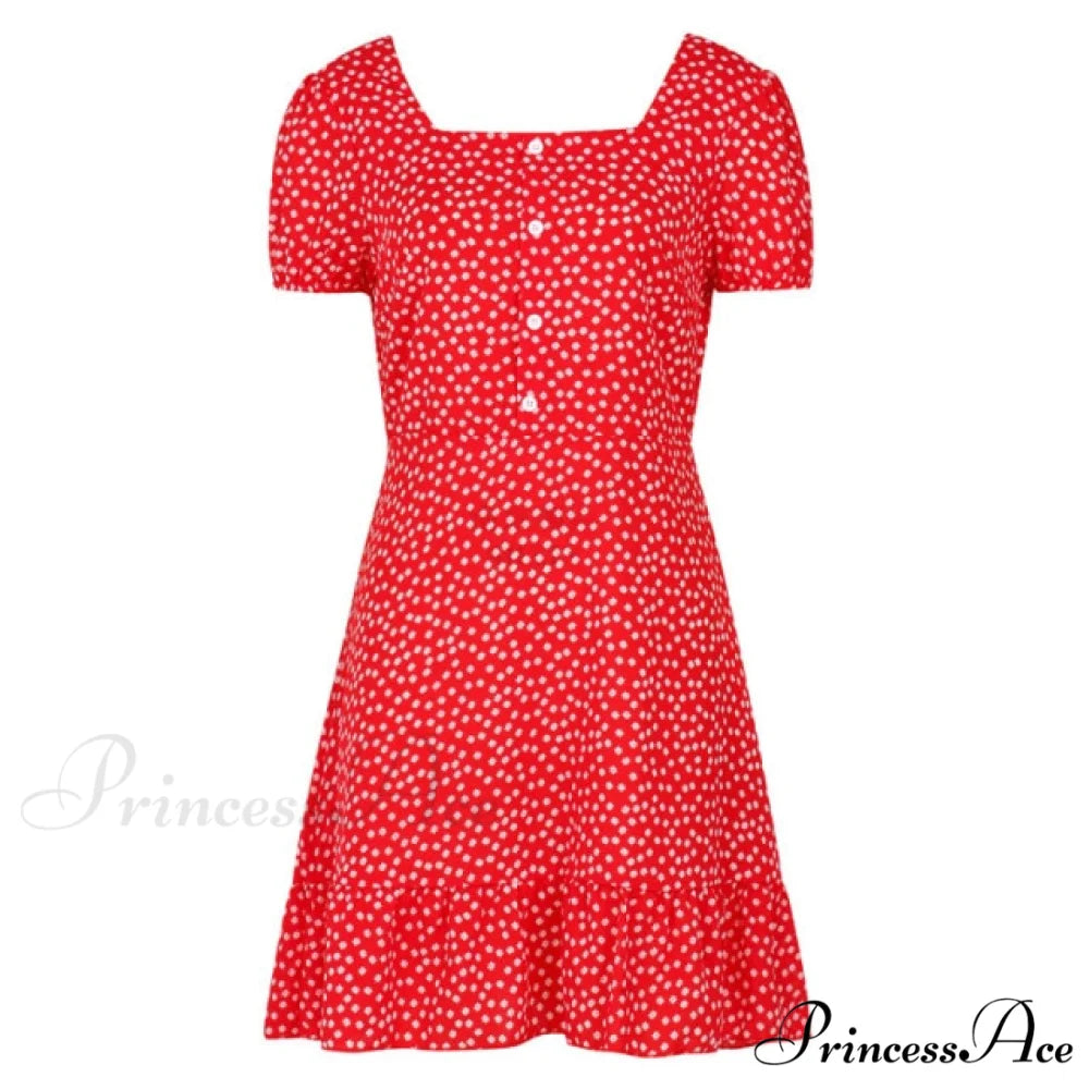 Boho Floral Ruffle Short Mini Dress red 2 / S