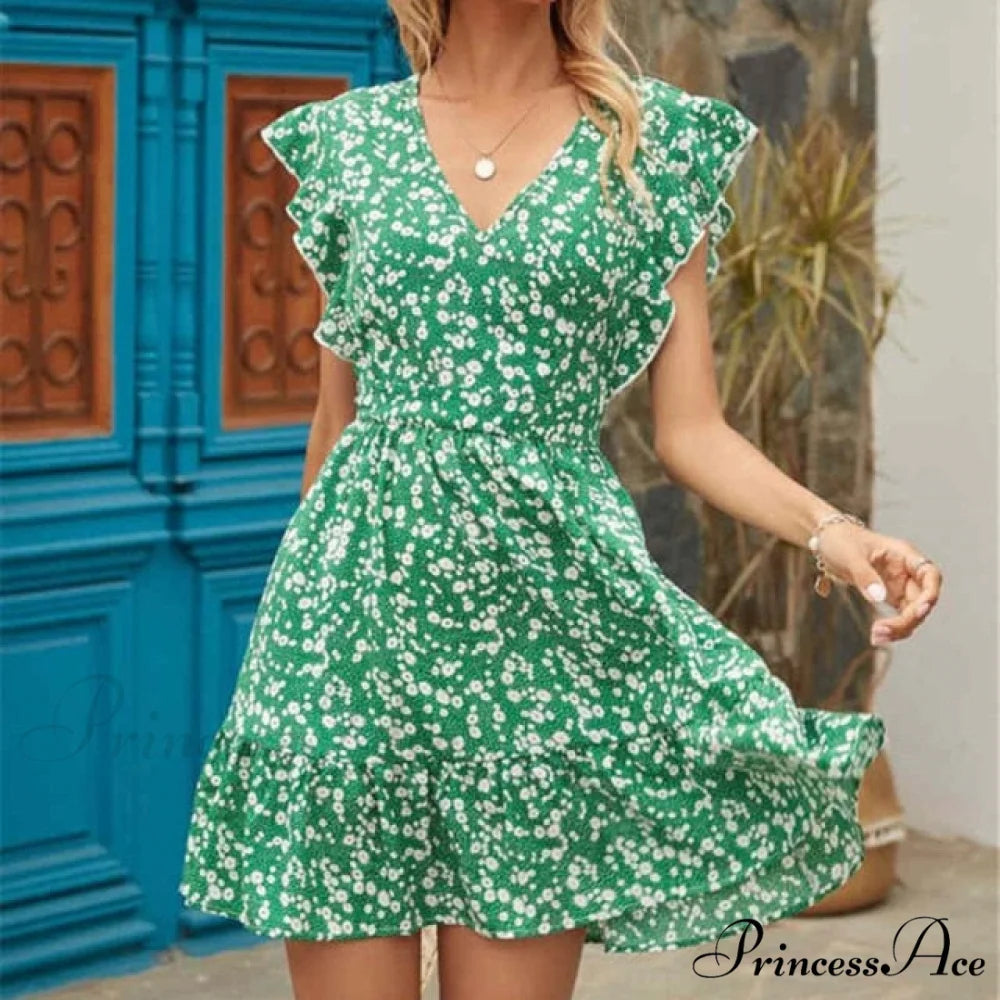 Boho Floral Ruffle Short Mini Dress wine red / S