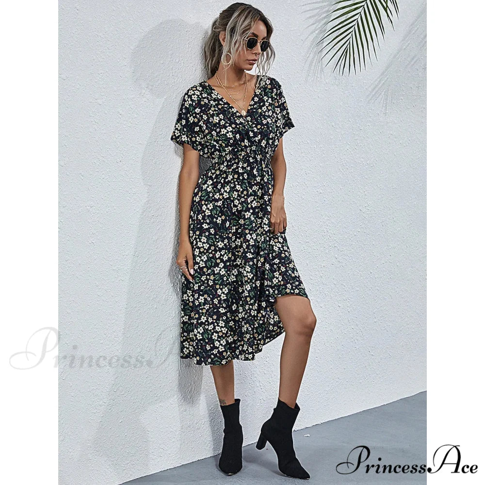 Boho Loose Midi Dress for Women Black / S