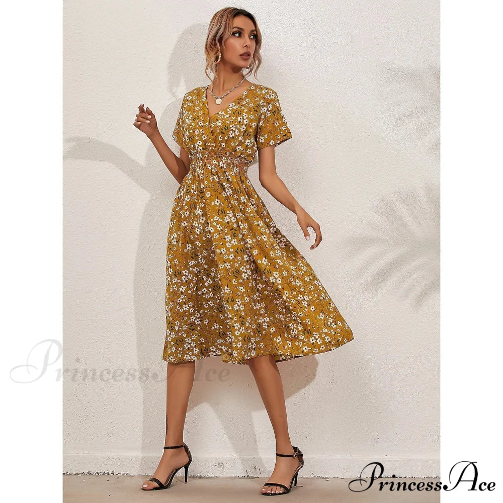 Boho Loose Midi Dress for Women Dark Yellow / S