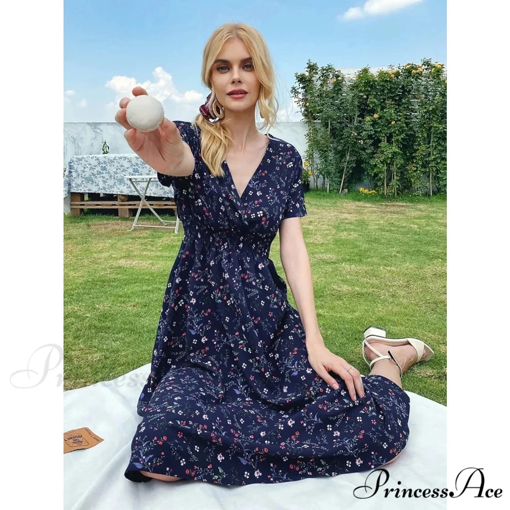 Boho Loose Midi Dress for Women Navy / S