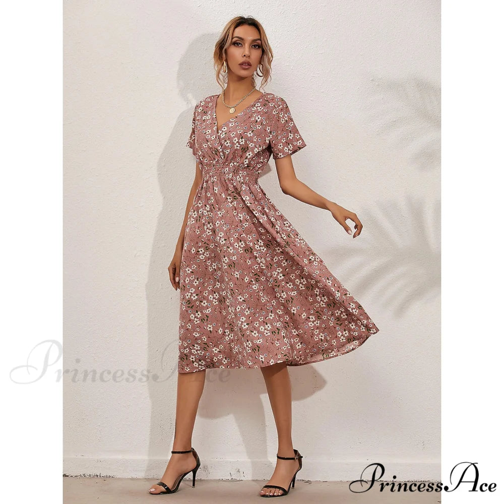 Boho Loose Midi Dress for Women Pink / S