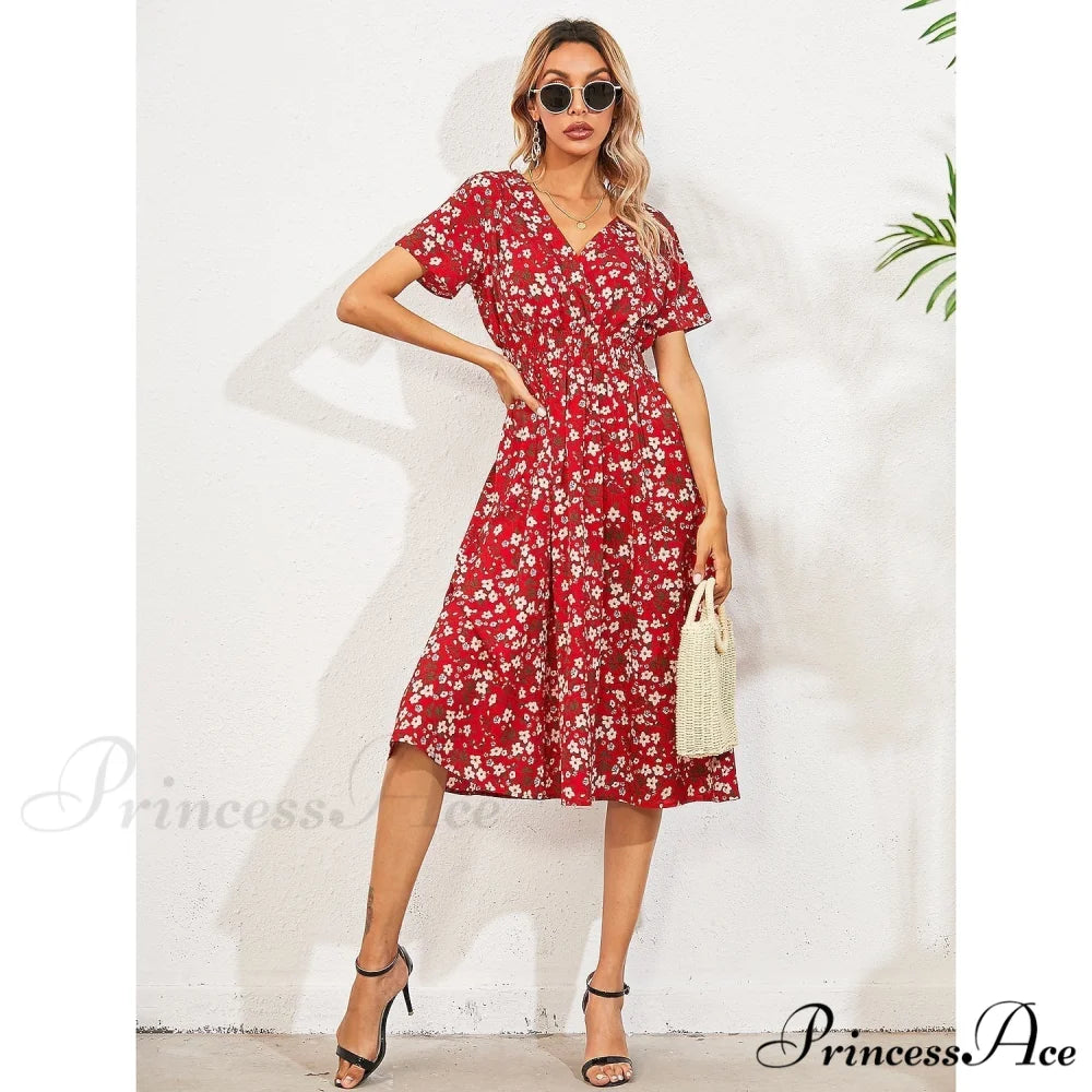 Boho Loose Midi Dress for Women Red / S