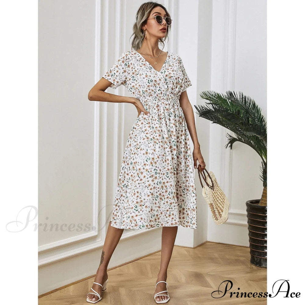 Boho Loose Midi Dress for Women White / S