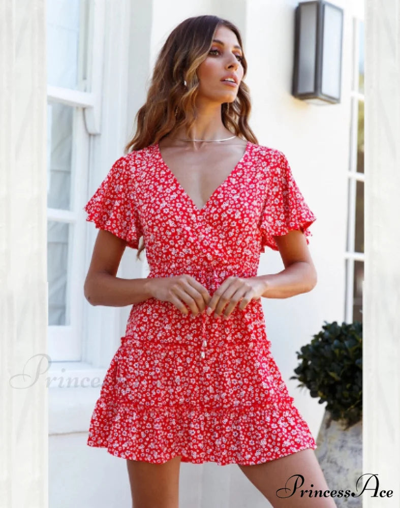 Boho Mini Dress - Women’s A-Line Floral Print Summer Dress XL / BLUE