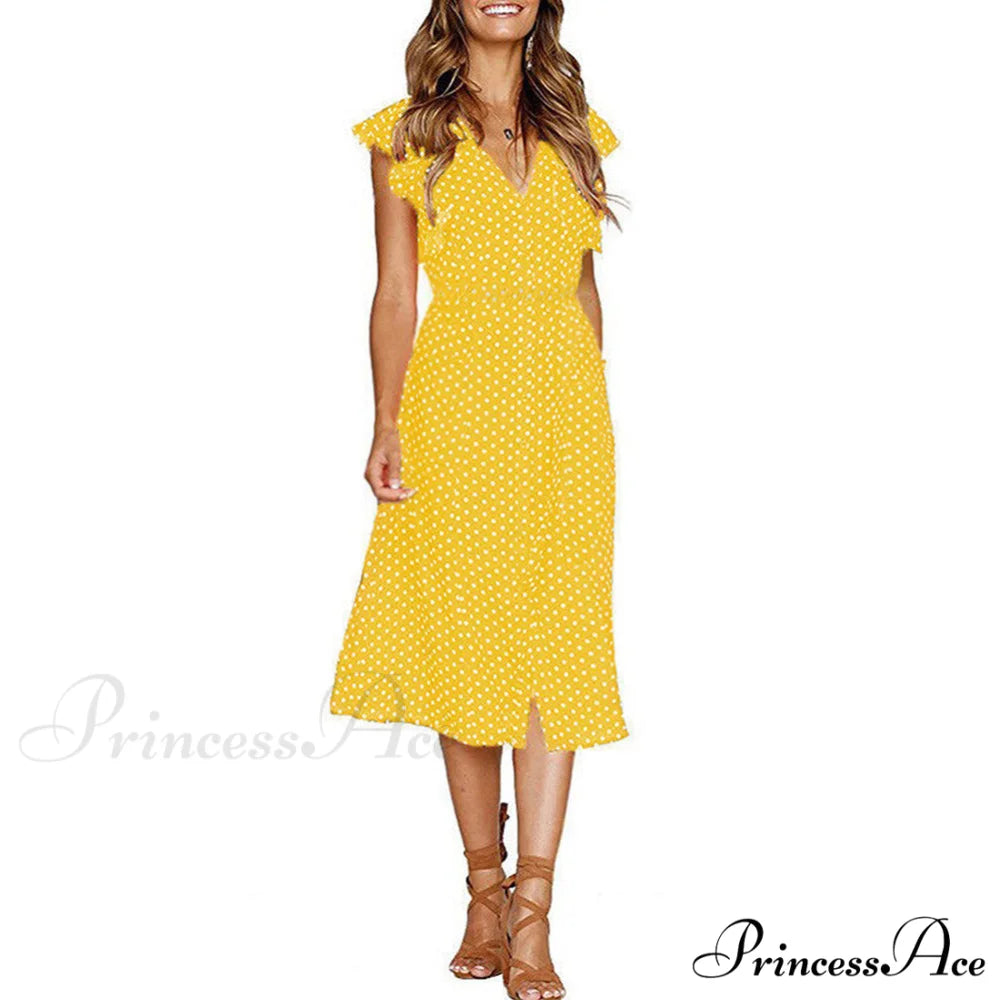 Boho Polka Dot Sleeveless V Neck Swing Midi Dress With Pockets for Summer M / Yellow