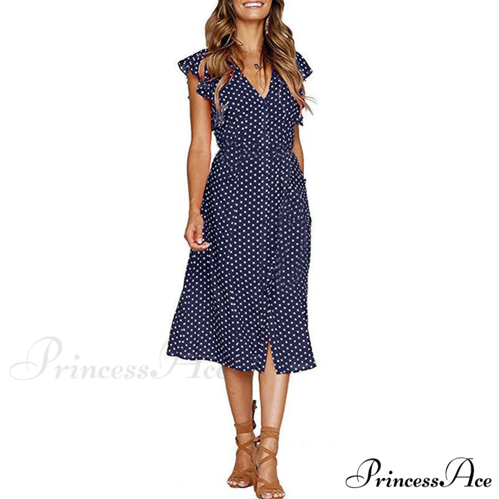 Boho Polka Dot Sleeveless V Neck Swing Midi Dress With Pockets for Summer S / Black