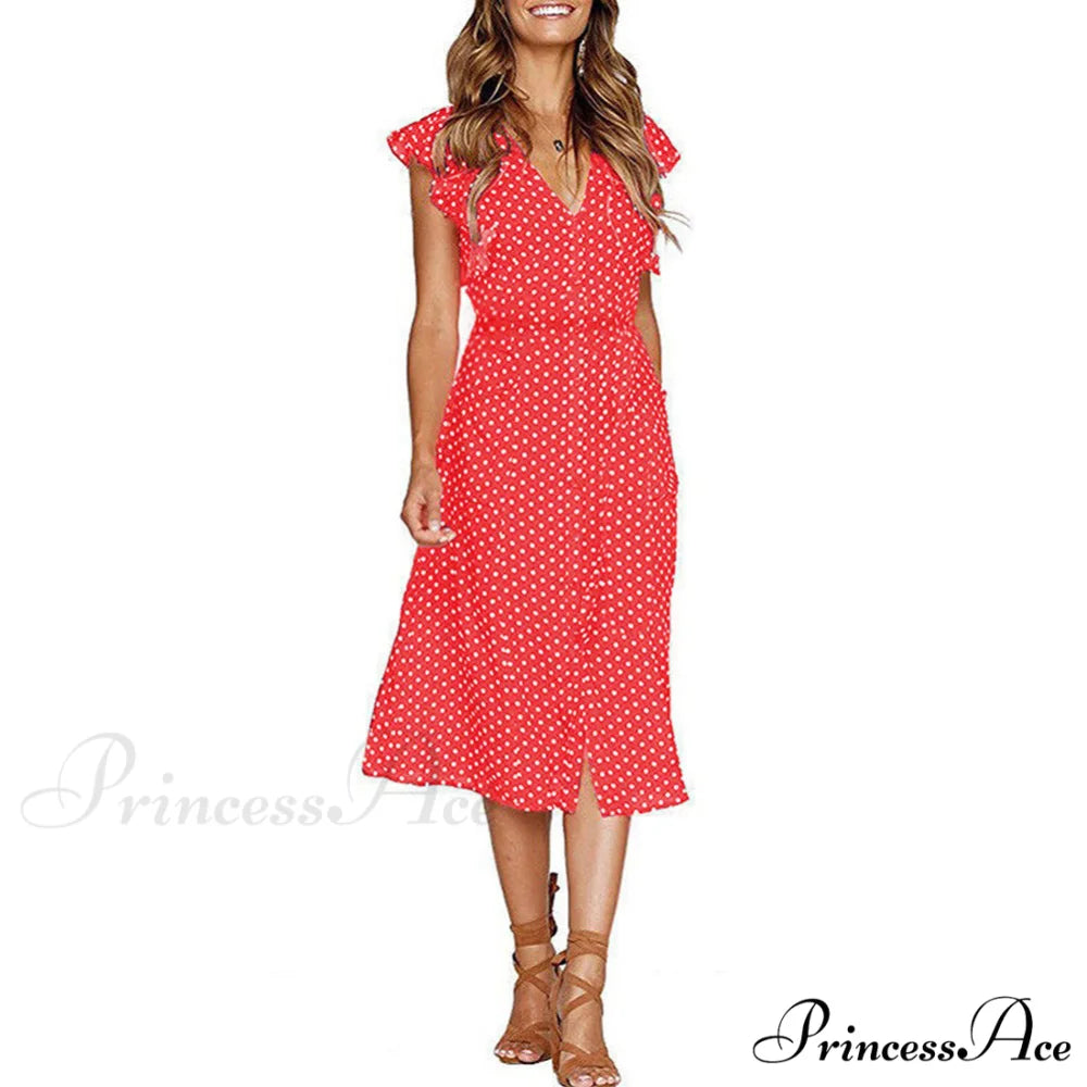 Boho Polka Dot Sleeveless V Neck Swing Midi Dress With Pockets for Summer S / Blue