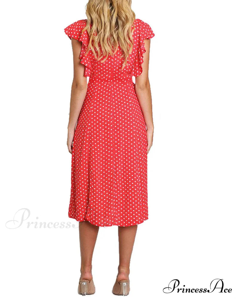 Boho Polka Dot Sleeveless V Neck Swing Midi Dress With Pockets for Summer S / Red