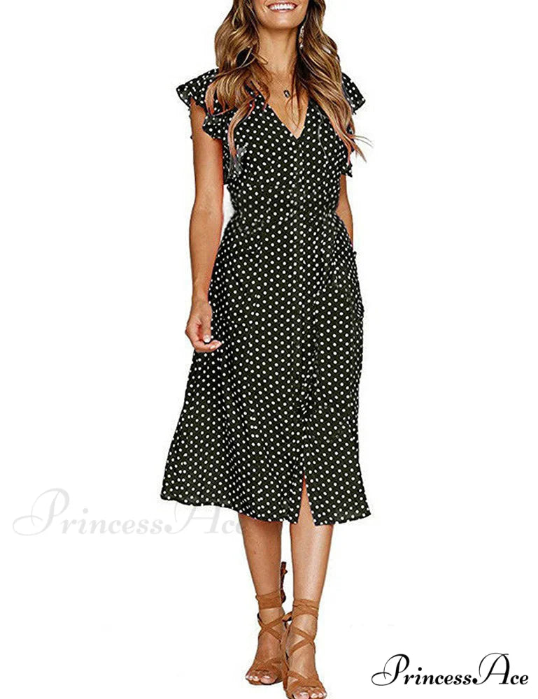 Boho Polka Dot Sleeveless V Neck Swing Midi Dress With Pockets for Summer S / Yellow