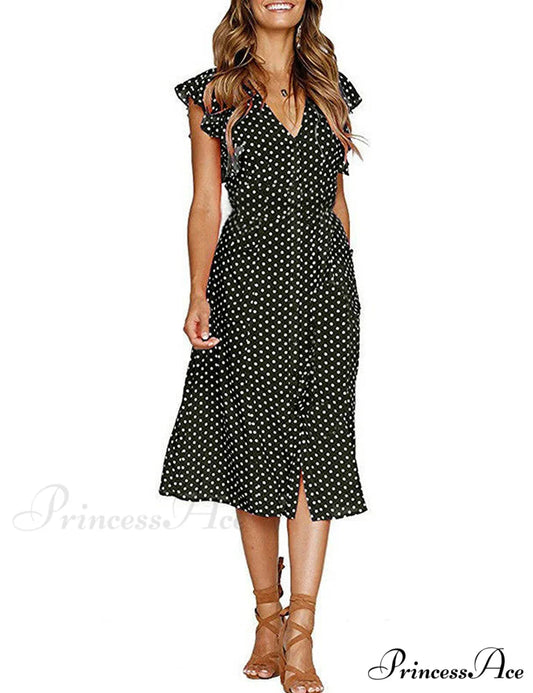 Boho Polka Dot Sleeveless V Neck Swing Midi Dress With Pockets for Summer S / Yellow