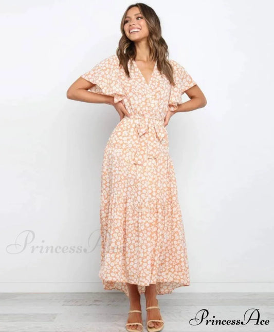Boho Printed Long Dress Women V Neck Holiday Beach Dress