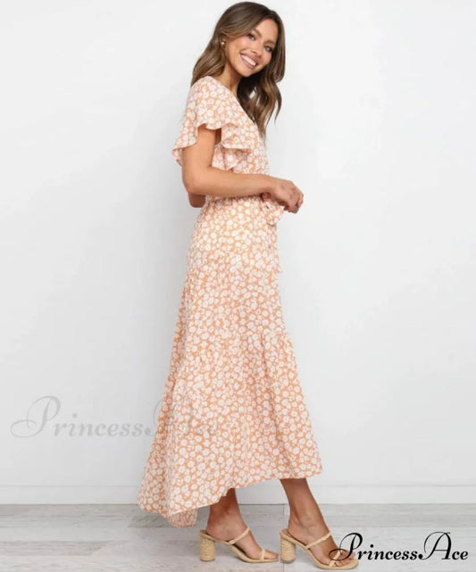 Boho Printed Long Dress Women V Neck Holiday Beach Dress