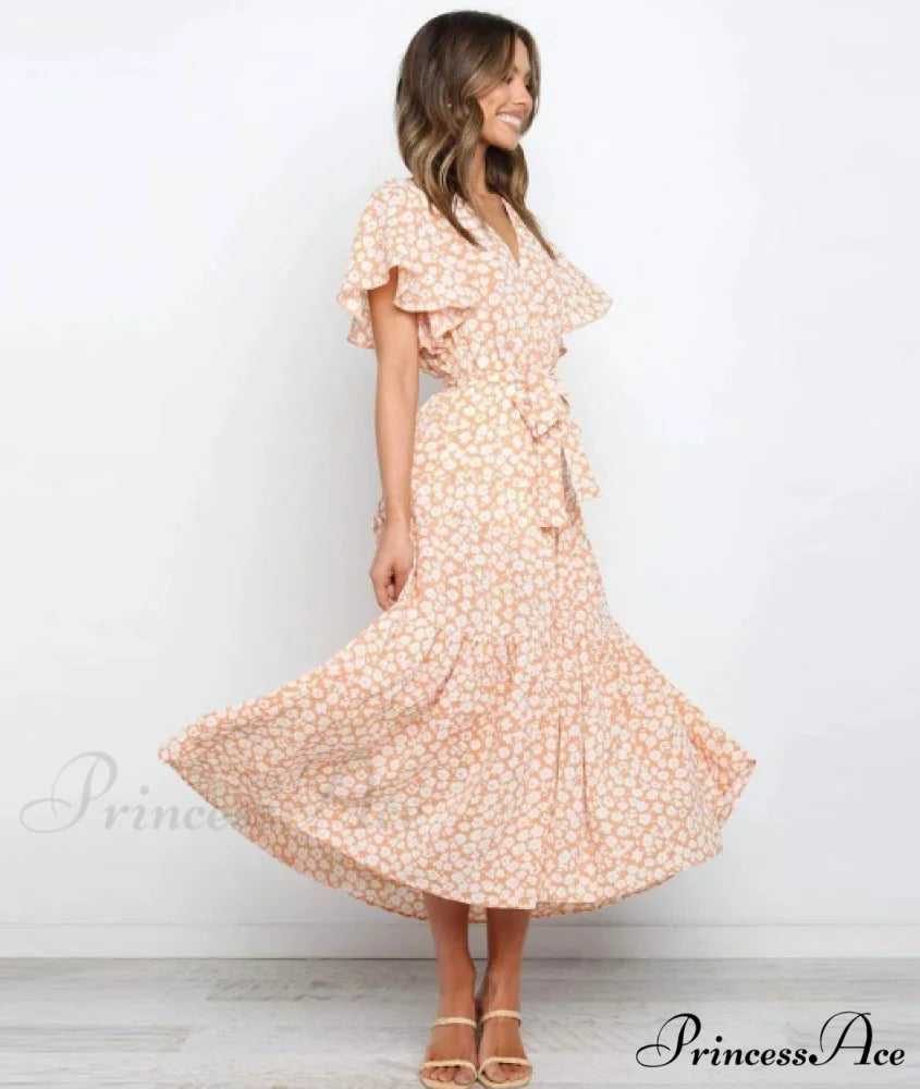 Boho Printed Long Dress Women V Neck Holiday Beach Dress