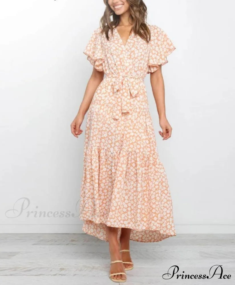 Boho Printed Long Dress Women V Neck Holiday Beach Dress