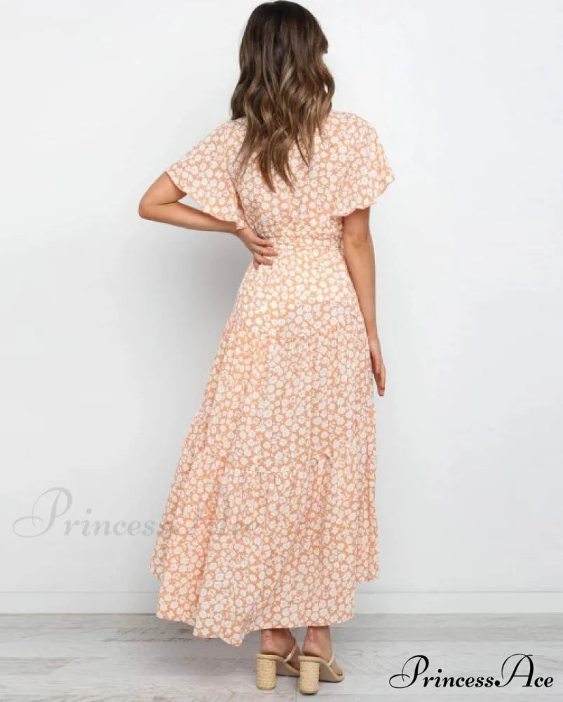 Boho Printed Long Dress Women V Neck Holiday Beach Dress