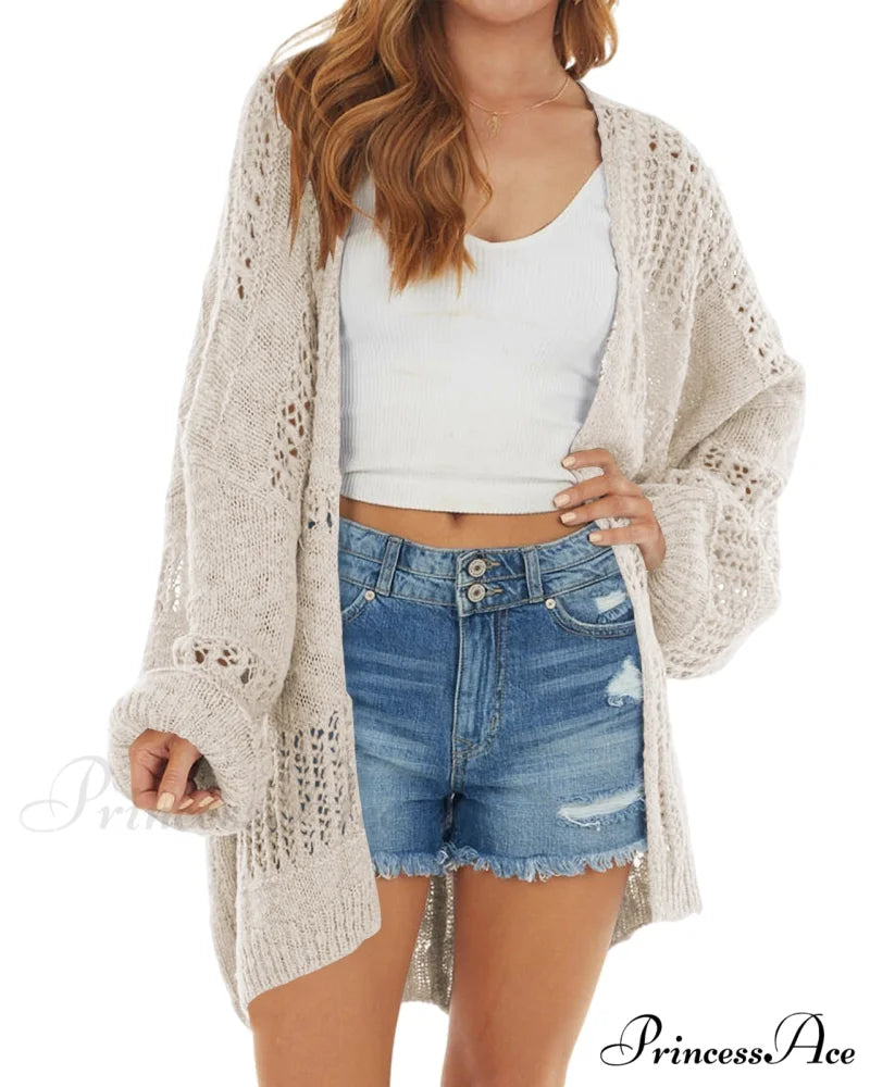 Boho Solid Color Oversized Summer Open Front Cardigans Beige / XS