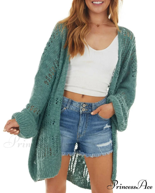 Boho Solid Color Oversized Summer Open Front Cardigans Green / XS