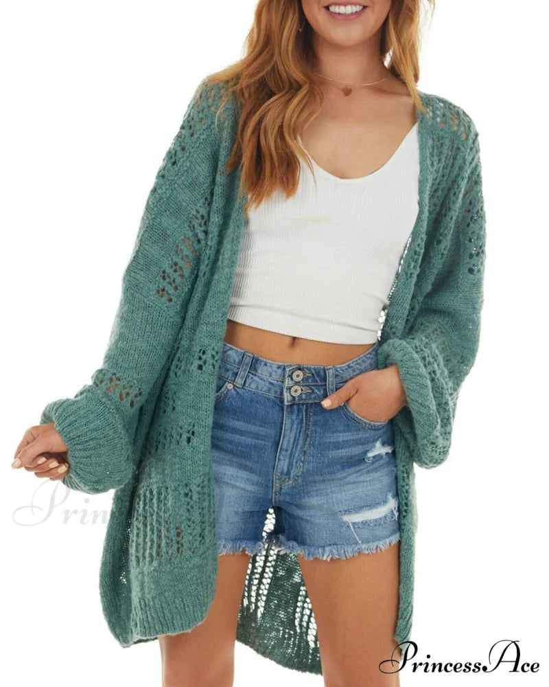 Boho Solid Color Oversized Summer Open Front Cardigans Green / XS