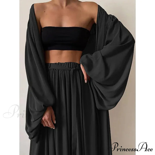 Boho Solid Color Plus Size Women’s 3-Piece Set Black / S