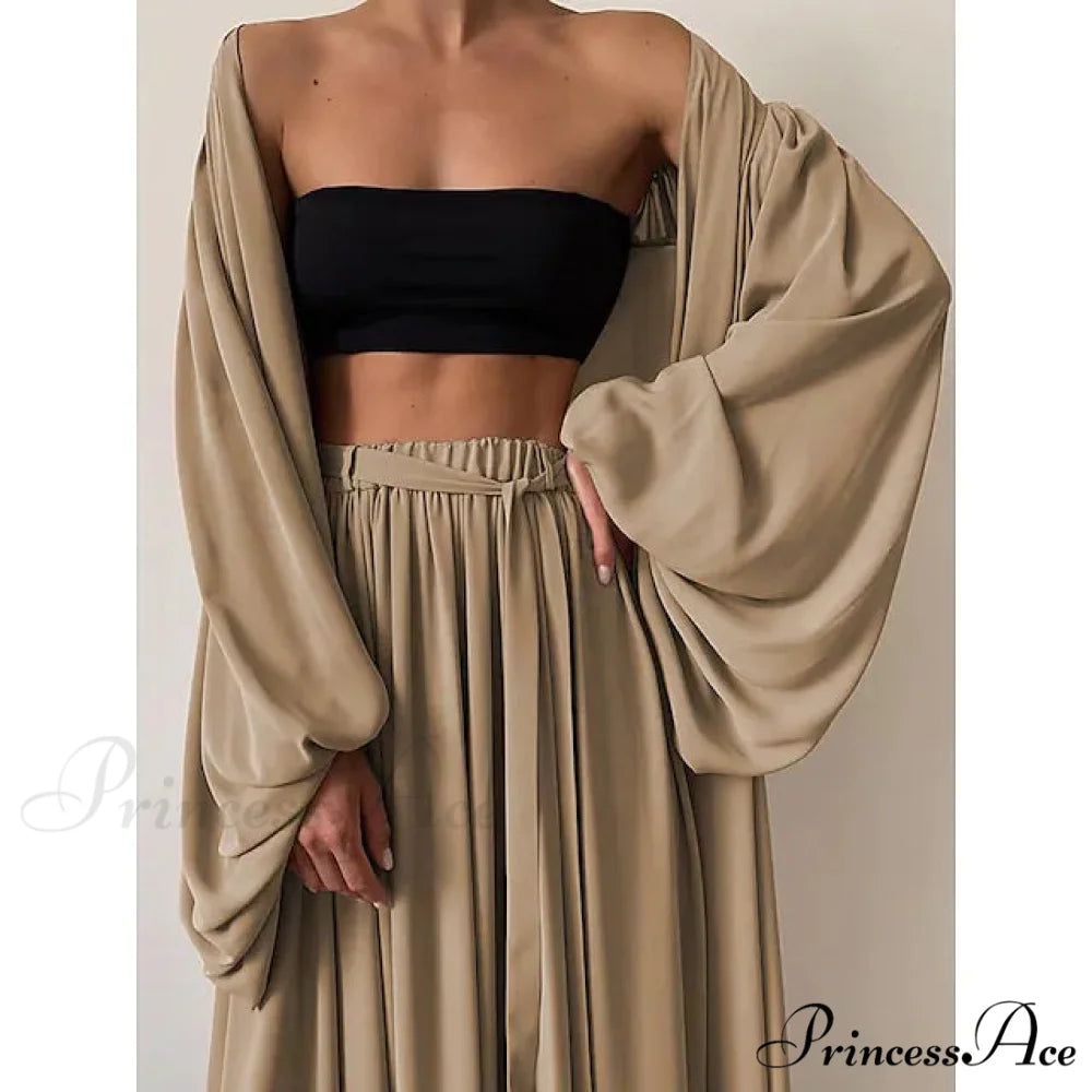 Boho Solid Color Plus Size Women’s 3-Piece Set Camel / S