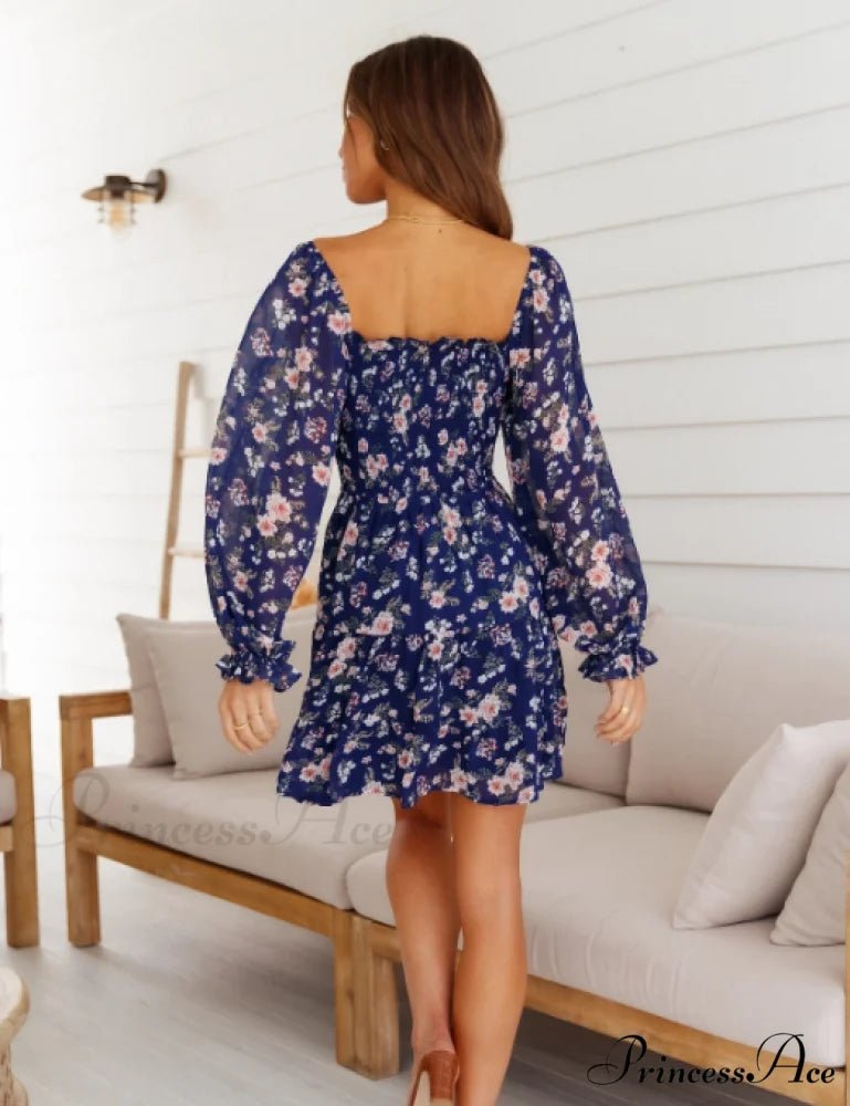 Boho Square Collar Short Dress Vintage Beach Dress with Long Lantern Sleeves L / BLUE