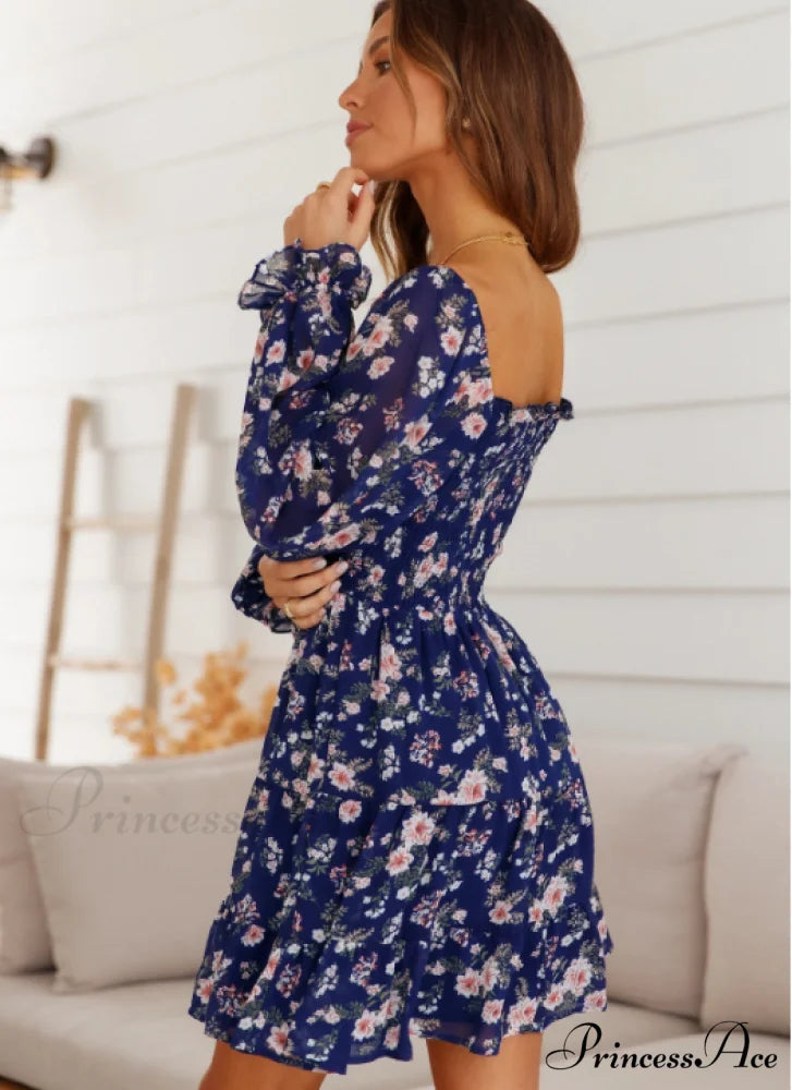 Boho Square Collar Short Dress Vintage Beach Dress with Long Lantern Sleeves L / RED