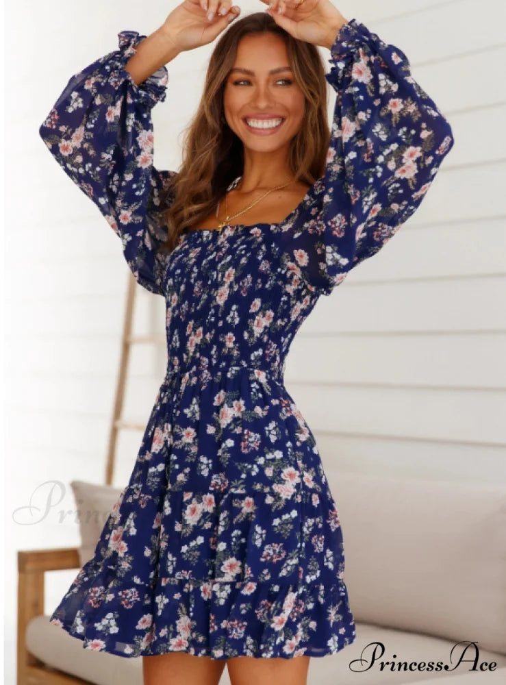 Boho Square Collar Short Dress Vintage Beach Dress with Long Lantern Sleeves M / RED