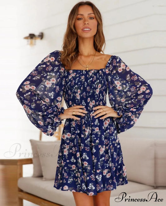 Boho Square Collar Short Dress Vintage Beach Dress with Long Lantern Sleeves S / BLUE