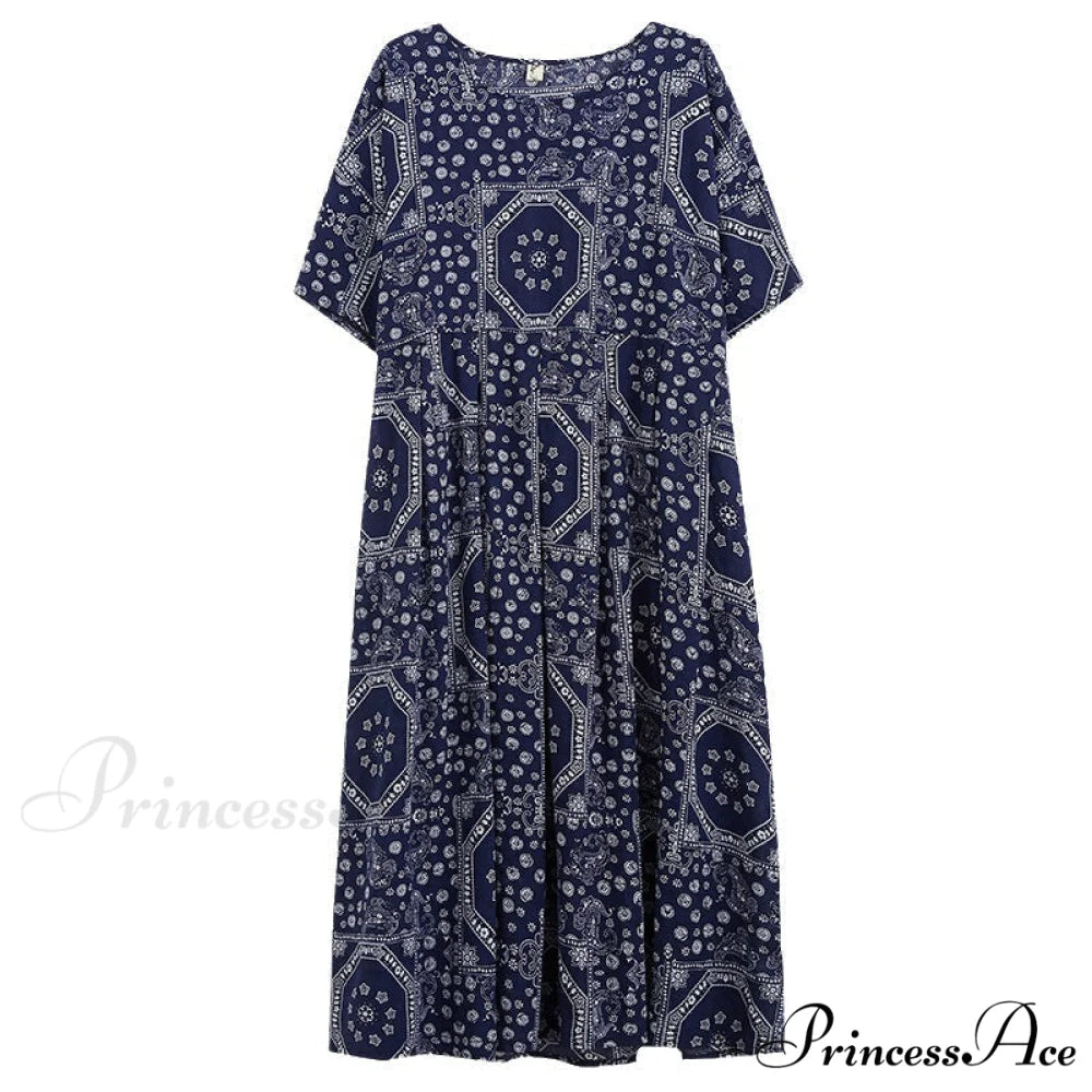 Boho Swing House Dress with Pockets in Blue Print