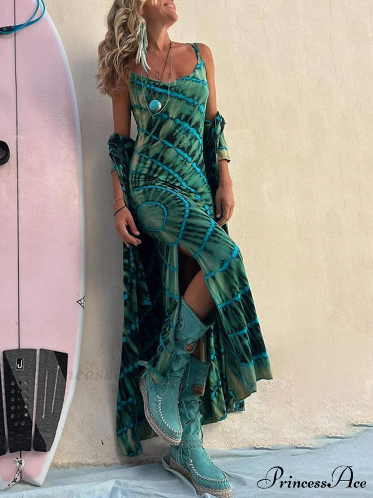 Boho Tie-dye Print Charming Slit Midi Dress Green / S