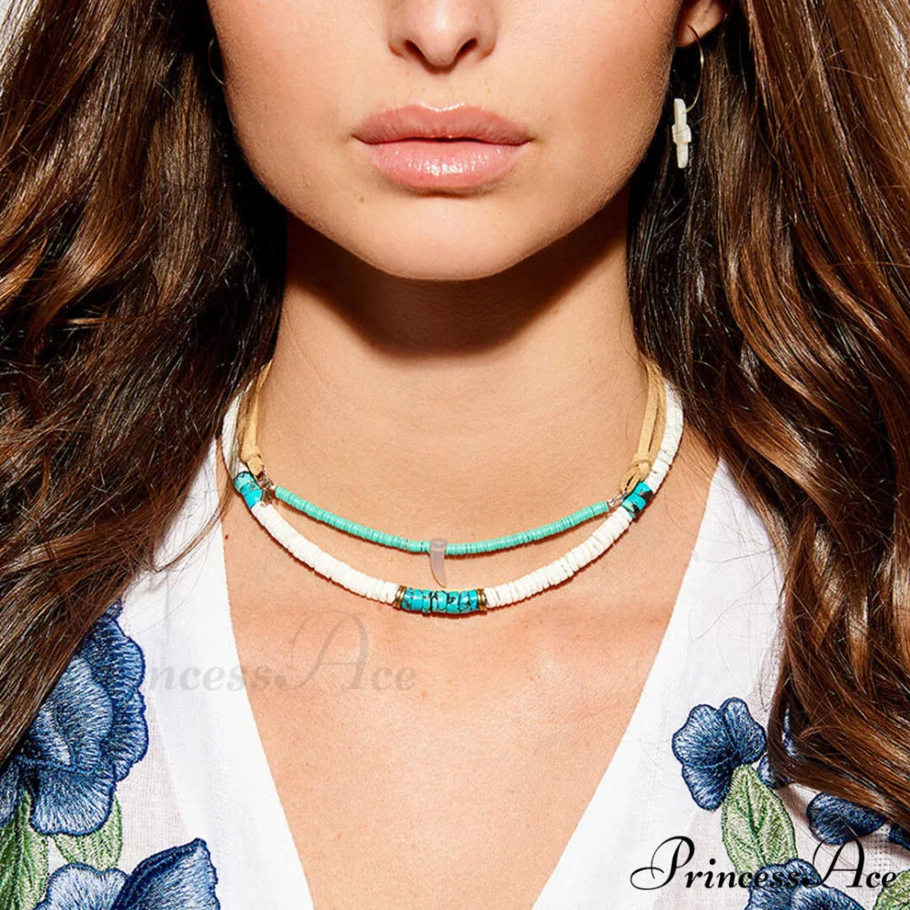 Boho Tribal Style Two Tone Classic Mixed Bead Choker Necklace - Black One Size / Blue