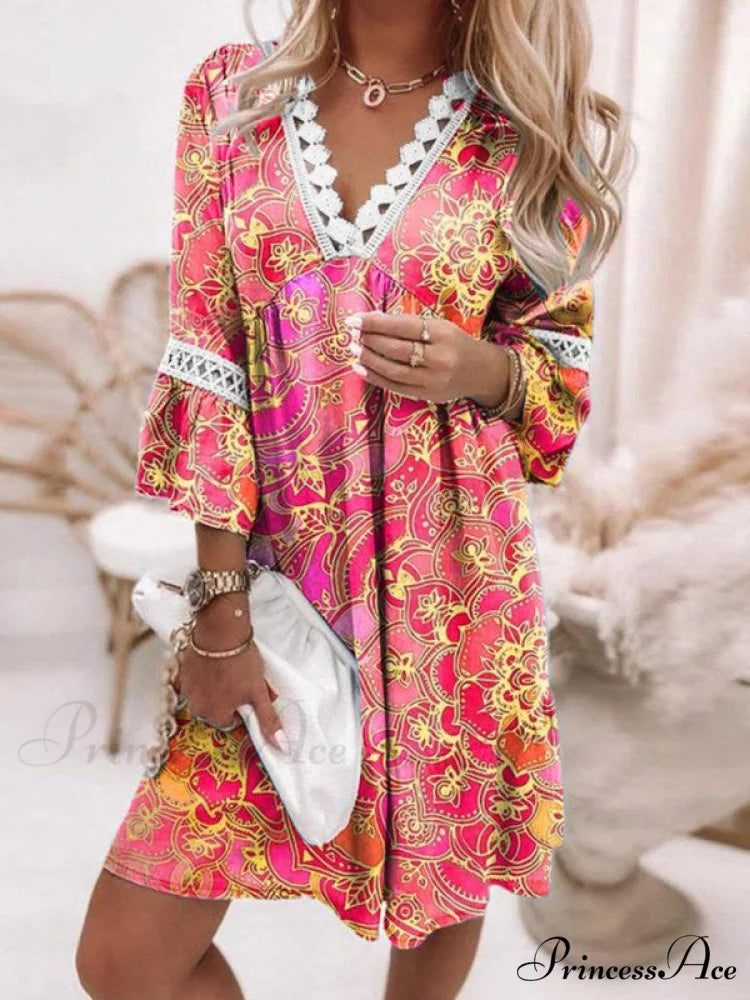 Boho Tunic Swing Dress with 3/4 Sleeves and V Neck M / Pink