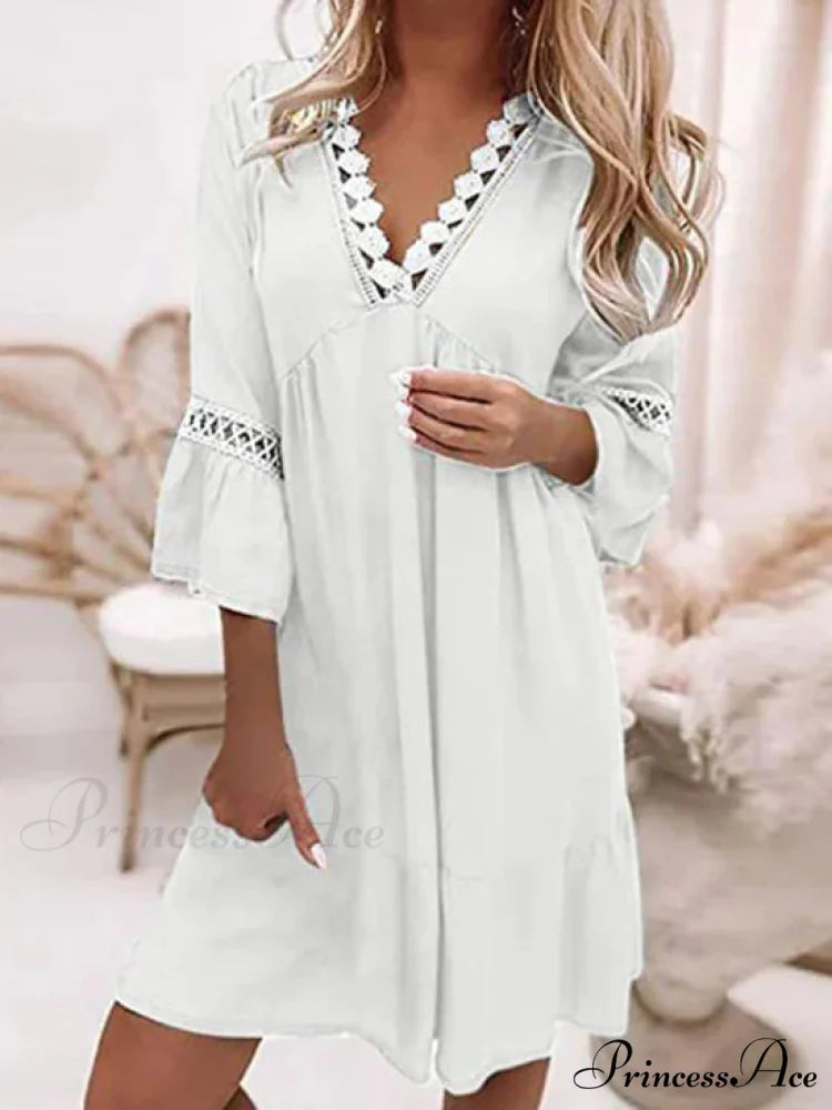 Boho Tunic Swing Dress with 3/4 Sleeves and V Neck S / Blue