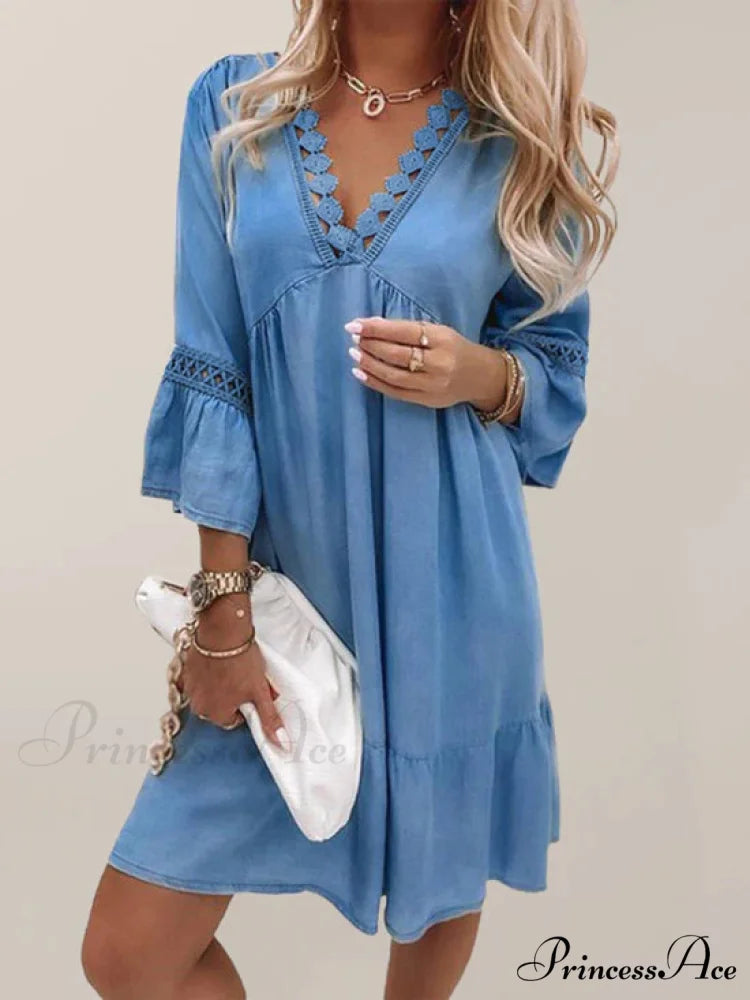 Boho Tunic Swing Dress with 3/4 Sleeves and V Neck S / Brown