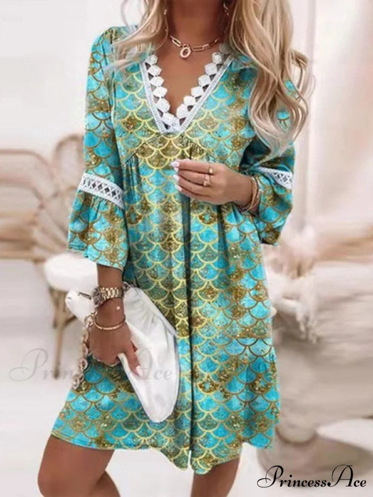 Boho Tunic Swing Dress with 3/4 Sleeves and V Neck S / Gray