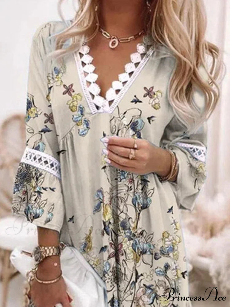 Boho Tunic Swing Dress with 3/4 Sleeves and V Neck S / Green