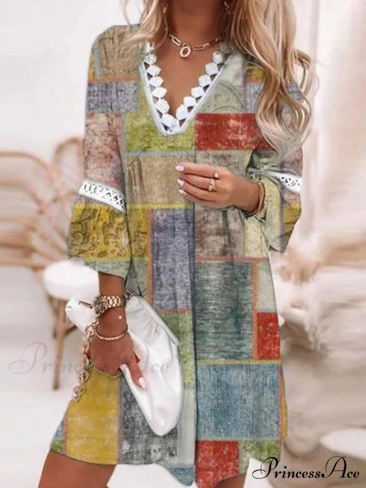 Boho Tunic Swing Dress with 3/4 Sleeves and V Neck S / White