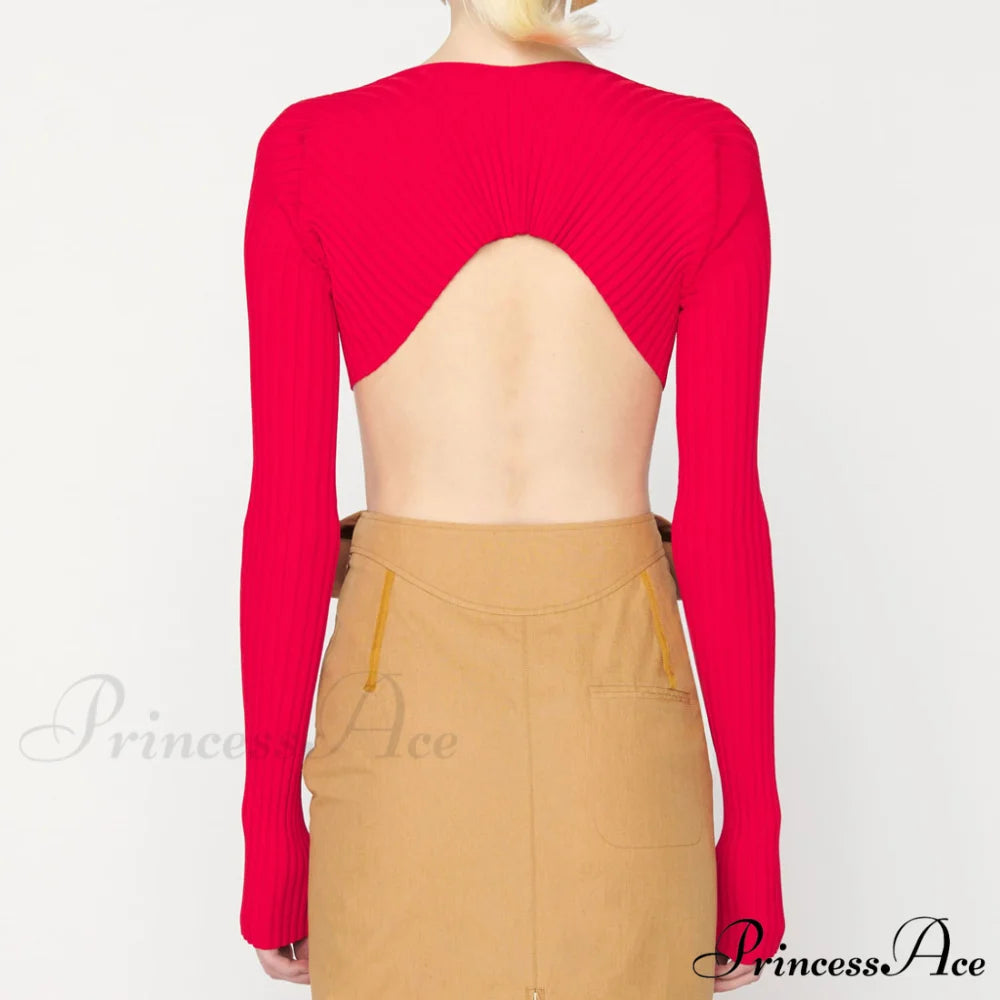 Bold Letter Chain Open Front Long Sophisticated Sleeve Ribbed Crop Cardigan - Orange XL / Red