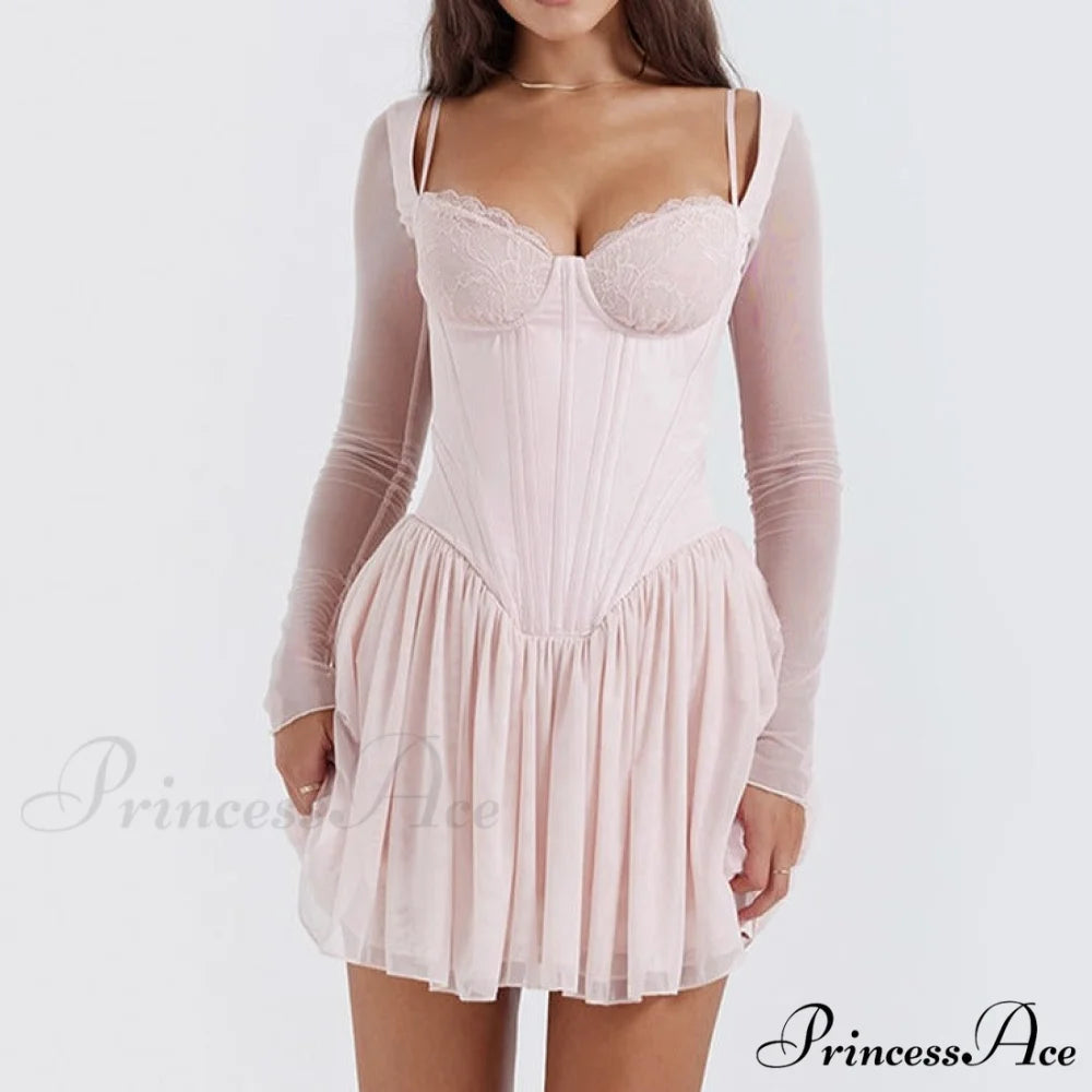 Bombshell Long Sleeve Bustier Graceful Corset Frill Mini Dress Pink / L