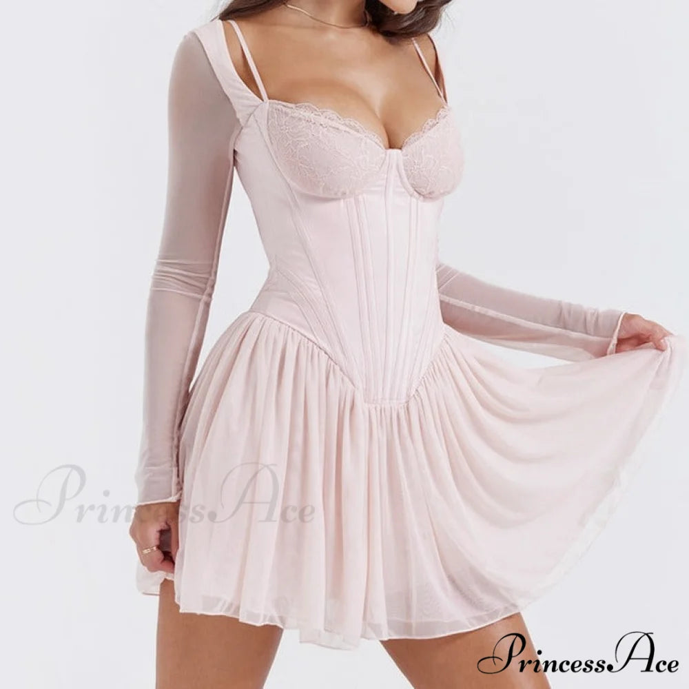 Bombshell Long Sleeve Bustier Graceful Corset Frill Mini Dress Pink / M